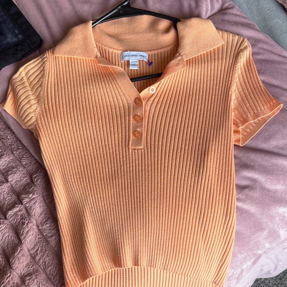 Calvin Klein Jeans Orange Ribbed Button Down Shirt